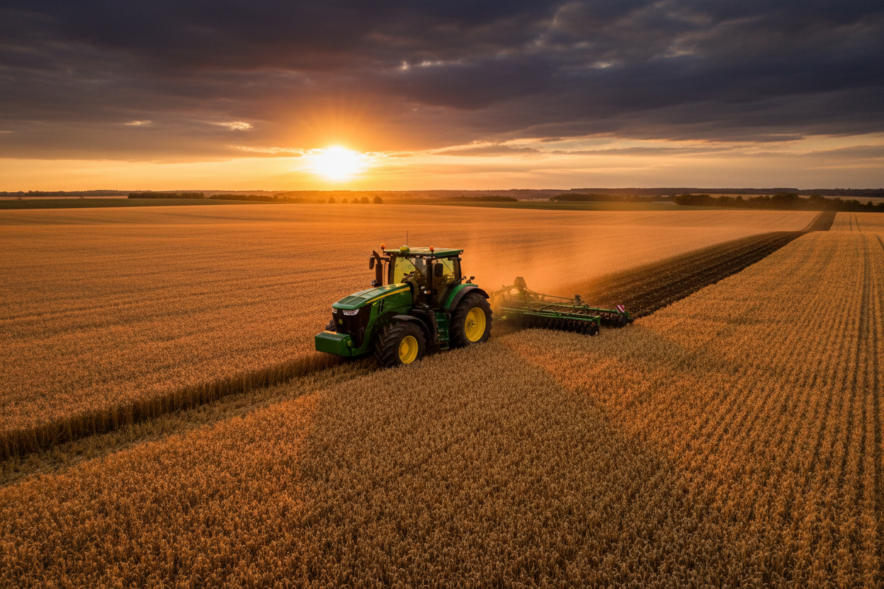 Tractor in golden wheat field at sunset